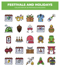 Fototapeta premium Collection of 25 Festivals and Holidays. Colorful Icons of Cultural Celebrations