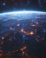 Satellite constellation beaming intelligent communication signals across future-ready global cities 6G/Quantum-Ready Telecom Infrastructure AI-Driven Cloud Communication Systems