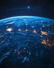 Satellite view of Earth showing next-gen telecom nodes pulsing across continents with digital arcs 6G/Quantum-Ready Telecom Infrastructure AI-Driven Cloud Communication Systems