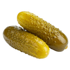 Two glossy pickles with a bumpy texture, showcasing their vibrant green hues and shiny appearance.