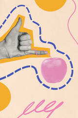 Creative trend artwork design 3D collage sketch of finger body language hand gesture symbol shake apple fruit calories nutrition organic © deagreez