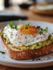 Avocado toast with a fried egg and herbs on sourdough bread.