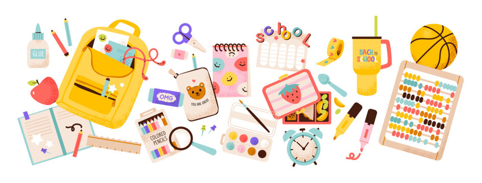 School supplies for kids. Backpack, stationery, and classroom items. Education, back to school, and learning themes. Modern flat vector illustration school accessory set.