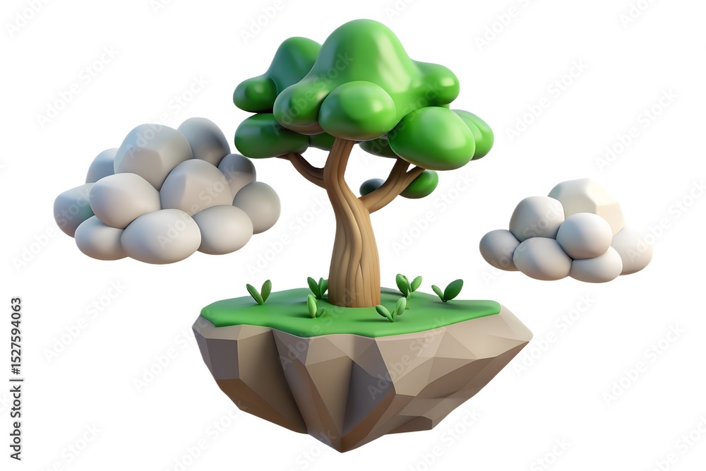 Poster cartoon tree on a floating island with clouds