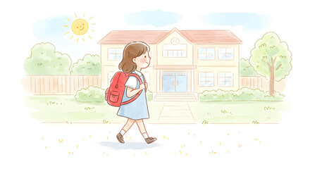 illustration of a girl going to school, watercolor on canvas style