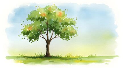 Green leafy tree standing alone with painted sky background. Watercolor style on canvas
