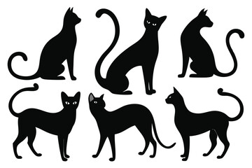 Six silhouettes of black cats in various poses
