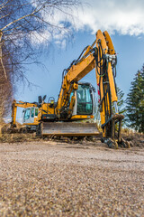 excavator, sand, earthworks, construction site, yellow, heavy equipment, construction work