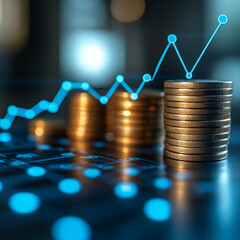 Stacked coins with a glowing upward growth chart.