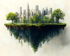 An imaginative cityscape where towering skyscrapers emerge from a floating natural landscape representing the delicate balance between urban growth and environmental preservation