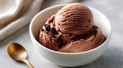 Rich Chocolate Ice Cream in a White Bowl with a Golden Spoon