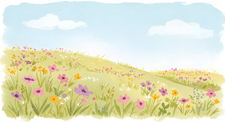 an illustration of the landscape of a flower field. watercolor style on canvas
