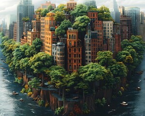 A visionary cityscape where towering skyscrapers and lush greenery exist in a delicate balance symbolizing the intersection of urban development and environmental preservation