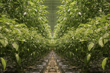 Fototapeta premium A greenhouse interior view showing rows of lush green plants under a translucent roof structure above them