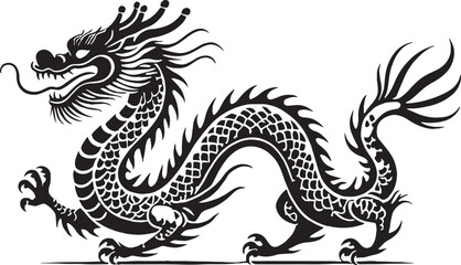 Silhouette of a majestic chinese dragon with detailed scales and dynamic body position