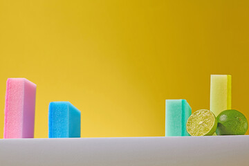 Sponges and fresh lime slices placed artistically on a yellow surface with minimalist shadows....