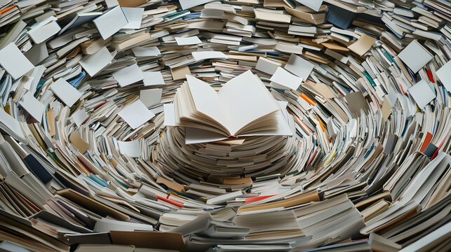 A swirling mass of books surrounds an open book at the center, creating a visually striking and chaotic scene that evokes the world of literature.