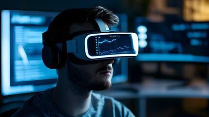 A person wearing a virtual reality headset, immersed in a digital environment, with data visualizations displayed in the background.