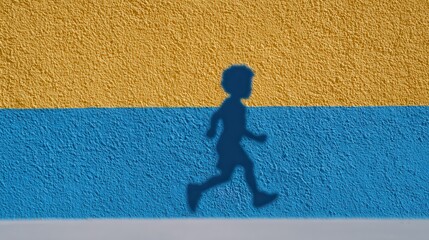Child jumps in front of colorful wall during bright day in a playful moment full of energy and excitement. World Drowning Prevention Day. National Childhood Obesity Week. Flag of Ukraine