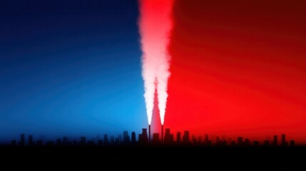 Obraz premium Minimalist factory skyline showcases vibrant colors at dusk with smoke trails rising from towers. Made In The USA Day