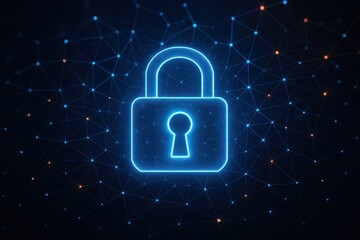 Digital Security: Illuminated by a network of glowing points and connections, a vibrant, eye-catching, stylized padlock floats serenely against a futuristic, advanced background.