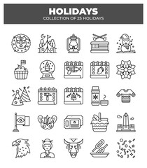 Collection of 25 Holidays. Festive Line Icons for Seasonal Celebrations