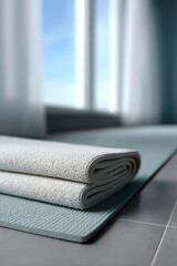 Serene minimalist yoga session with rolled mats in bright, sunlit studio. UV Safety Month, National Stay Out of the Sun Day