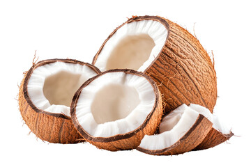 A close up view of a whole and several sliced coconuts with a dark background showing the fruit