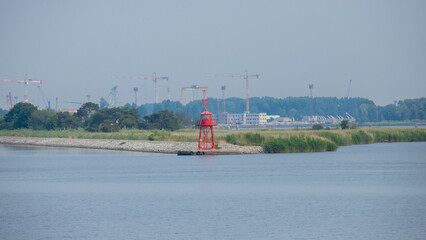 fairway marking, lighthouse, red, sign, shipping, inland, water, river, landscape