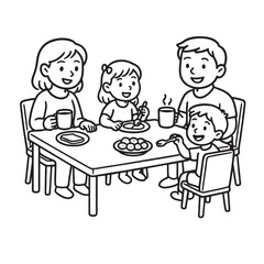 Happy Family Having Breakfast Together - Cute Black and White Line Art Illustration