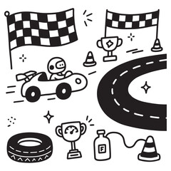 Racing Car Icon Set in Hand Drawn Style