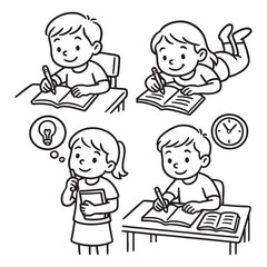 Kids Studying and Learning - Cute Black and White Line Art