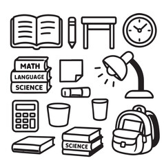 Study Supplies and School Items Icons - Black and White Line Art