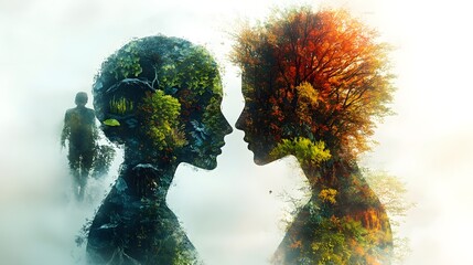 A surreal and symbolic image depicting the interconnectedness of the human form and the natural environment highlighting their coexistence and equilibrium