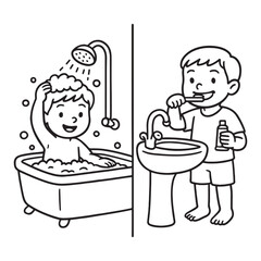 Cute Boy Daily Hygiene Routine - Black and White Line Art for Kids Education