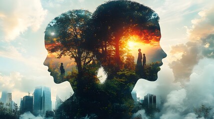A serene landscape depicting the coexistence and equilibrium between nature and the human form symbolizing the interconnected relationship between the environment and humanity