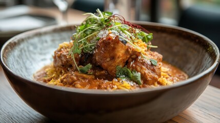 Fototapeta premium A closeup of chicken biryani dish served on a wooden table