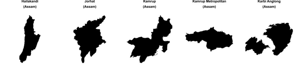 Obraz premium Hailakandi, Jorhat, Kamrup, Kamrup Metropolitan, Karbi Anglong outline maps