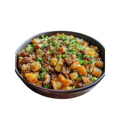 Fototapeta premium Delicious Crispy Potato and Pork Stir-Fry with Sesame Seeds and Green Onions