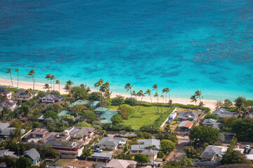Scenic view of palm trees at famous Lanikai Beach in Kailua on the island of Oahu, Hawaii, USA...