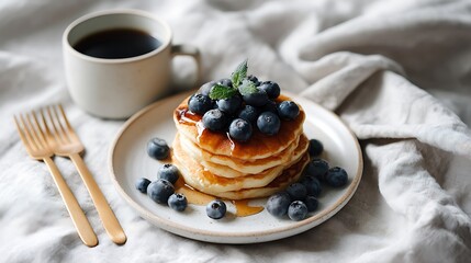 Stack of Pancakes Topped with Blueberries and Syrup, Served with a Cup of Coffee