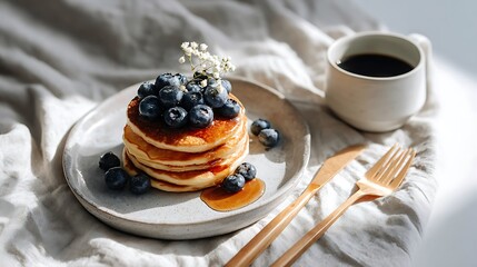Stack of Pancakes Topped with Blueberries and Syrup, Served with a Cup of Coffee