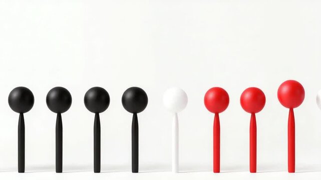 Colorful minimalist arrangement of black, white, and red objects on a clean white background