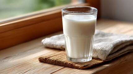 A glass of milk placed on a wooden surface near a window, with natural light enhancing its freshness.