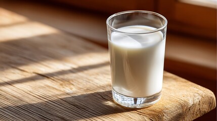 A glass of milk placed on a wooden surface, illuminated by natural sunlight.