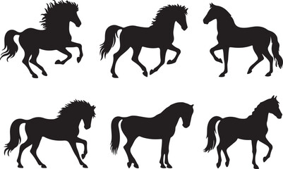 Silhouetted black horses in various poses for design and artistic animal imagery