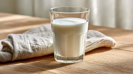 A glass of milk placed on a wooden table with a cloth napkin underneath, bathed in soft natural light.