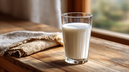 Glass of Milk on a Wooden Table Near a Window