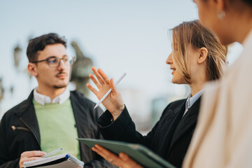 Professionals discussing concepts with notebooks in hand during a daylight work session