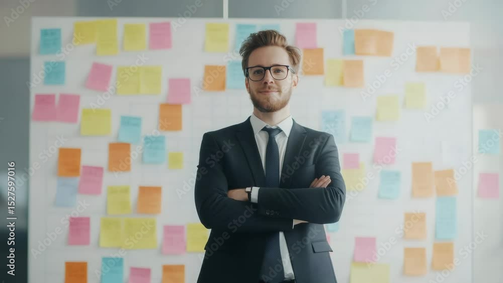 Poster Portrait of a confident businessman with his arms crossed, standing in front of a whiteboard covered in colorful sticky notes, representing a brainstorming session or project planning